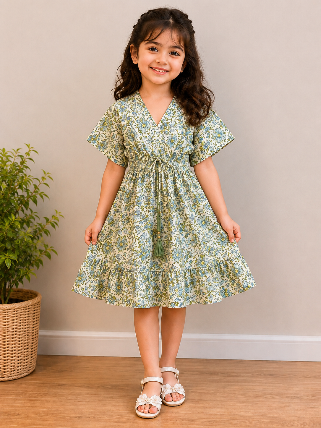 Baby Girls Sage Bloom Printed Smocked Waist Flared Midi Dress