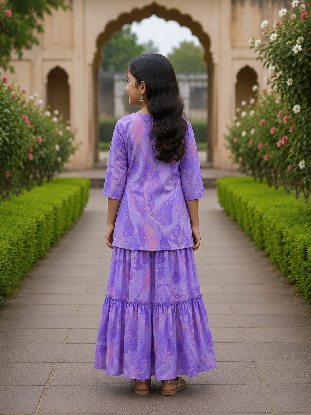 Girl's Lavender Printed Kurta with Tiered Flared Skirt Co-ord Set