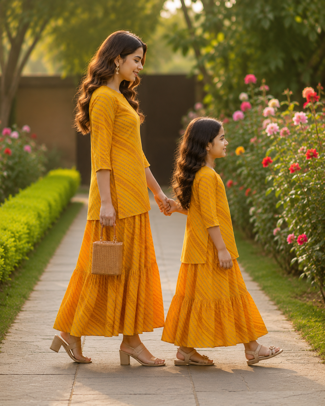 Mom & Daughter Mustard Yellow Printed Kurta & Tiered Skirt Matching Co-ord Set