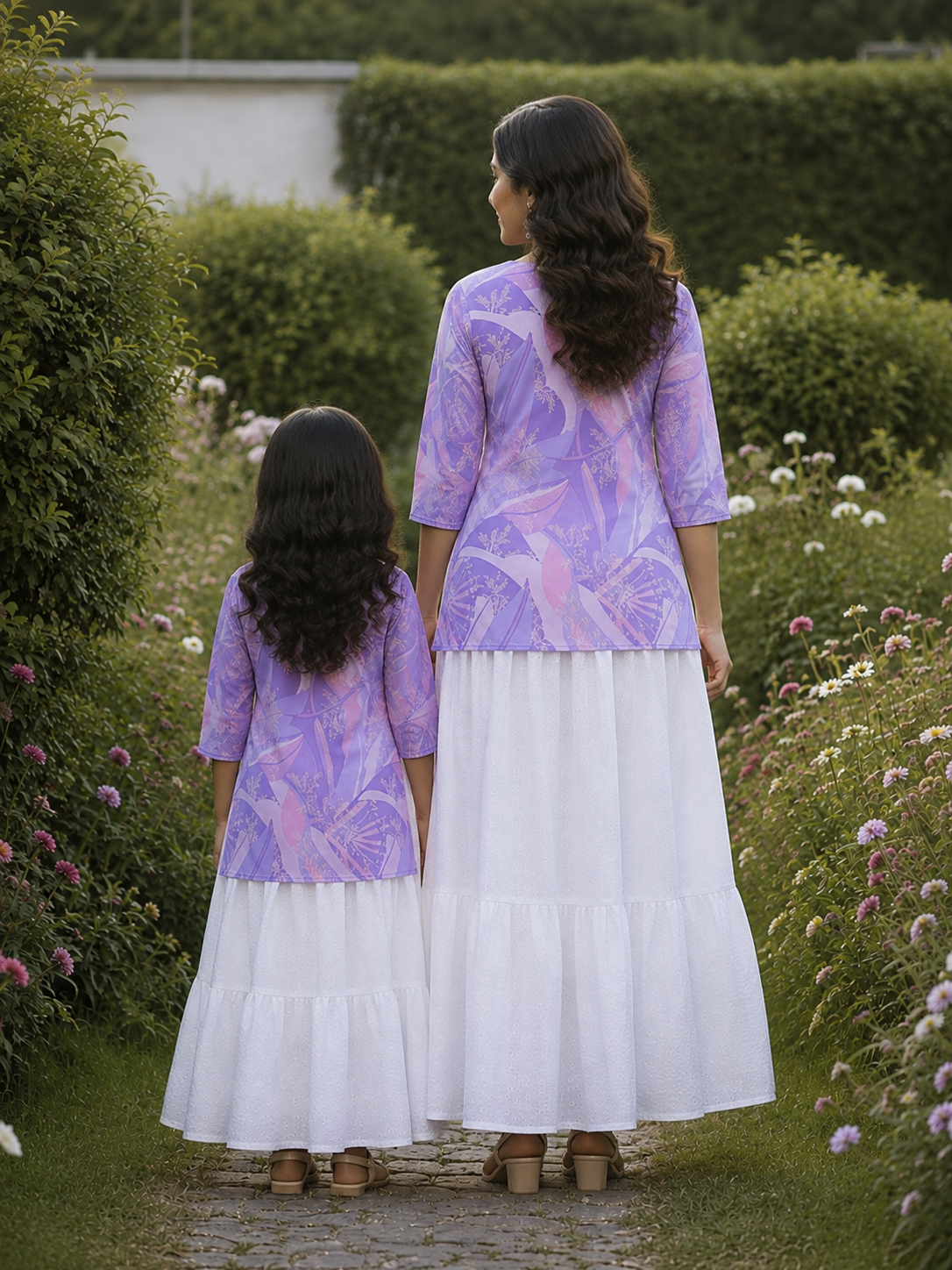 Mom & Daughter Lavender Floral Print Kurta with White Tiered Skirt Set