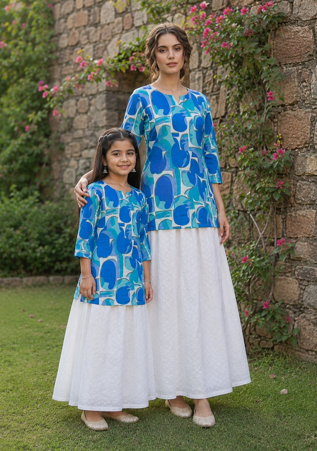 Mom & Daughter Blue Printed Kurta with White Skirt Matching Co-ord Set