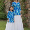 Mom & Daughter Blue Printed Kurta with White Skirt Matching Co-ord Set