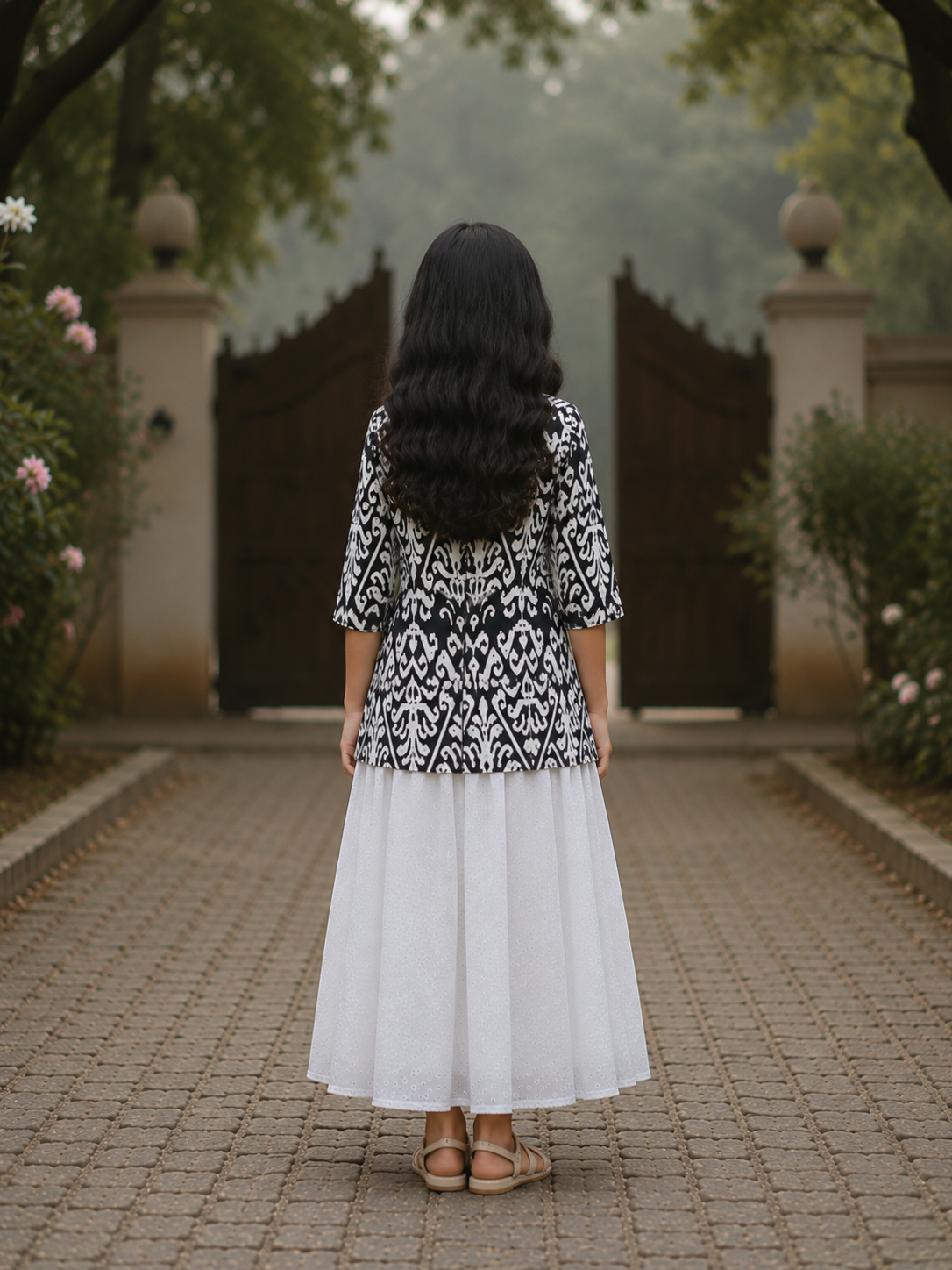 Girl's Black & White Traditional Printed Top with White Eyelet Flared Skirt Set