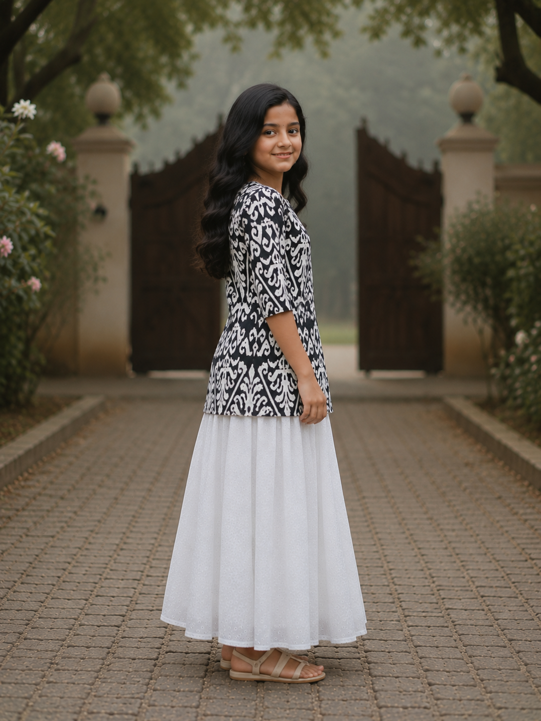 Girl's Black & White Traditional Printed Top with White Eyelet Flared Skirt Set