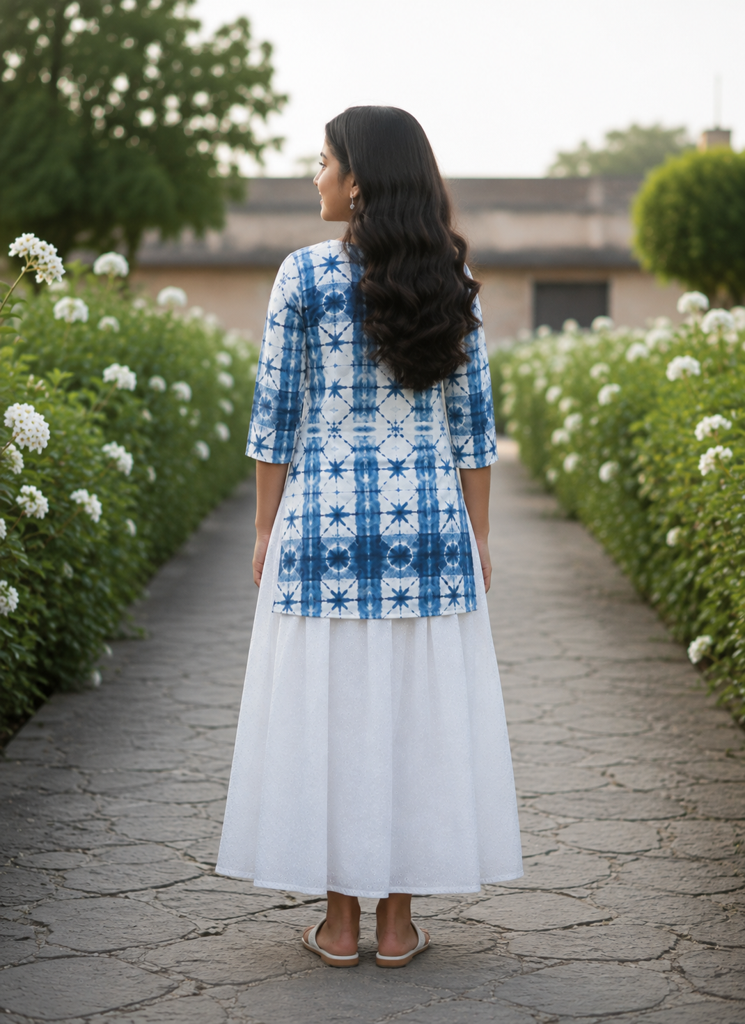 Girl's Blue Tie-Dye Printed Kurta with White Flared Skirt Set