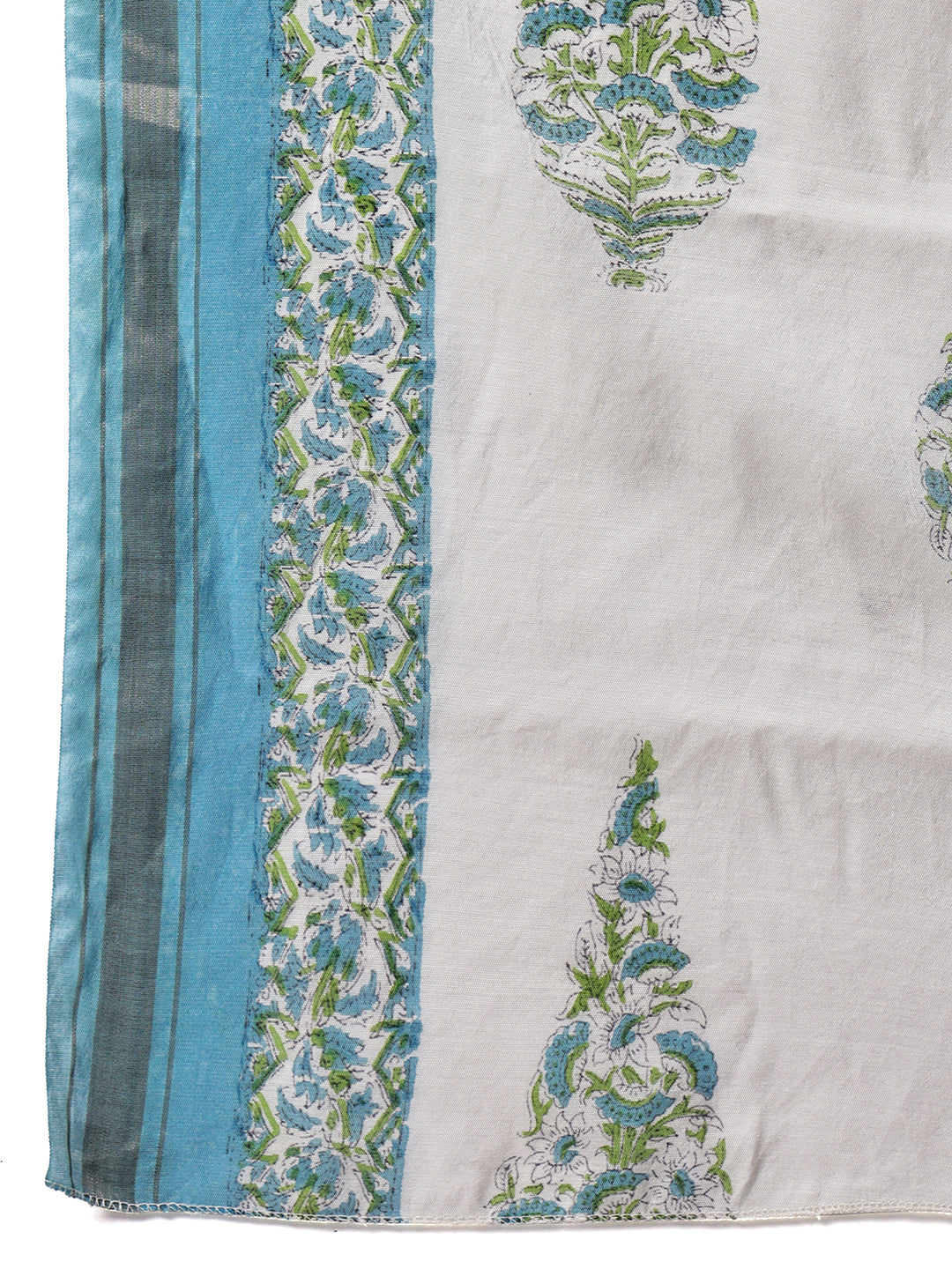 Aawari Green & Blue Floral Chanderi Printed Kurta Set with Dupatta - Suit Sets