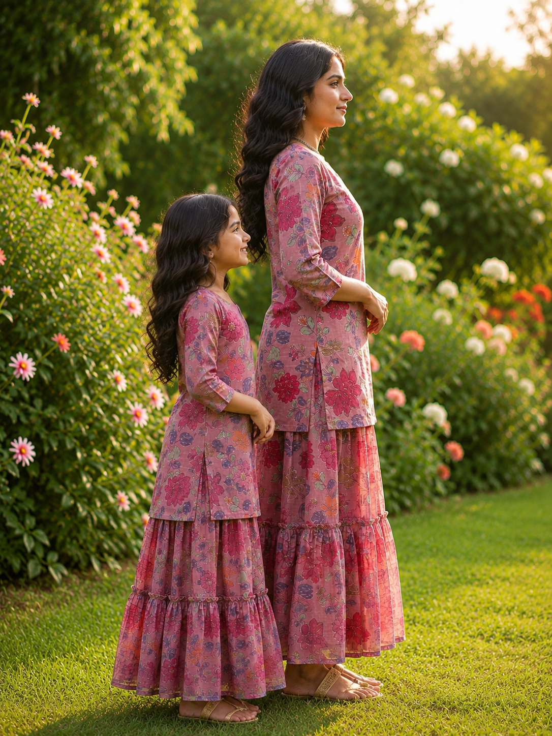 Mom & Daughter Pink Floral Printed Kurta & Tiered Skirt Matching Co-ord Set