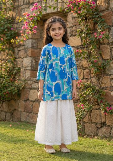 Girl's Blue & Teal Abstract Printed Kurta with White Eyelet Skirt Set