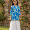 Girl's Blue & Teal Abstract Printed Kurta with White Eyelet Skirt Set