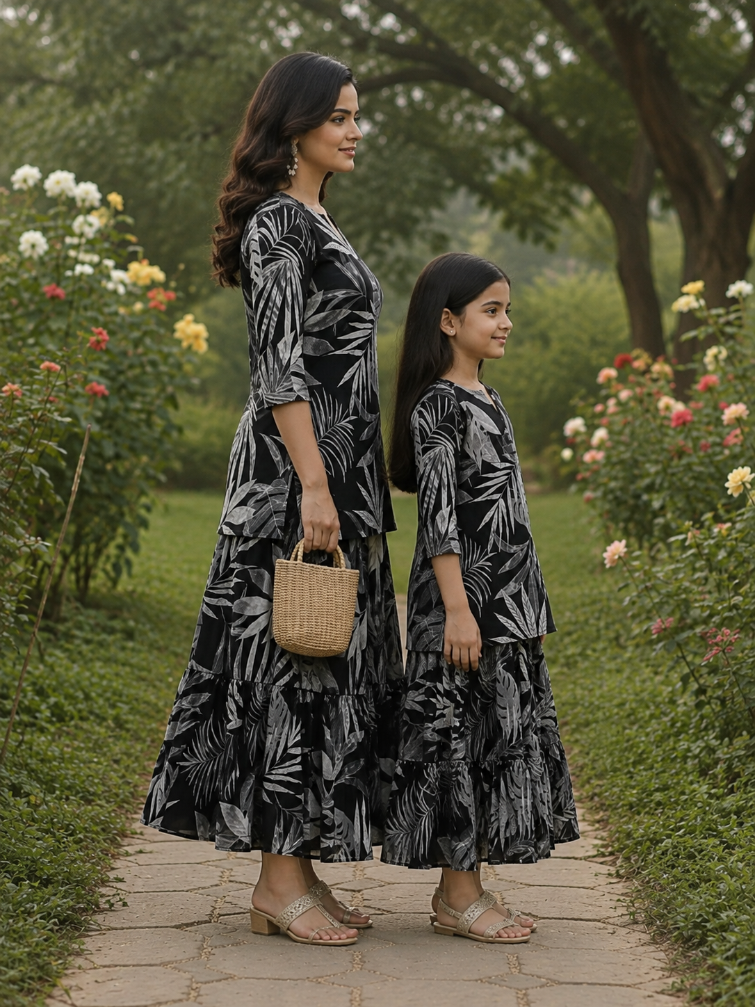 Mom & Daughter Black & White Tropical Leaf Printed Kurta & Tiered Skirt Matching Co-ord Set