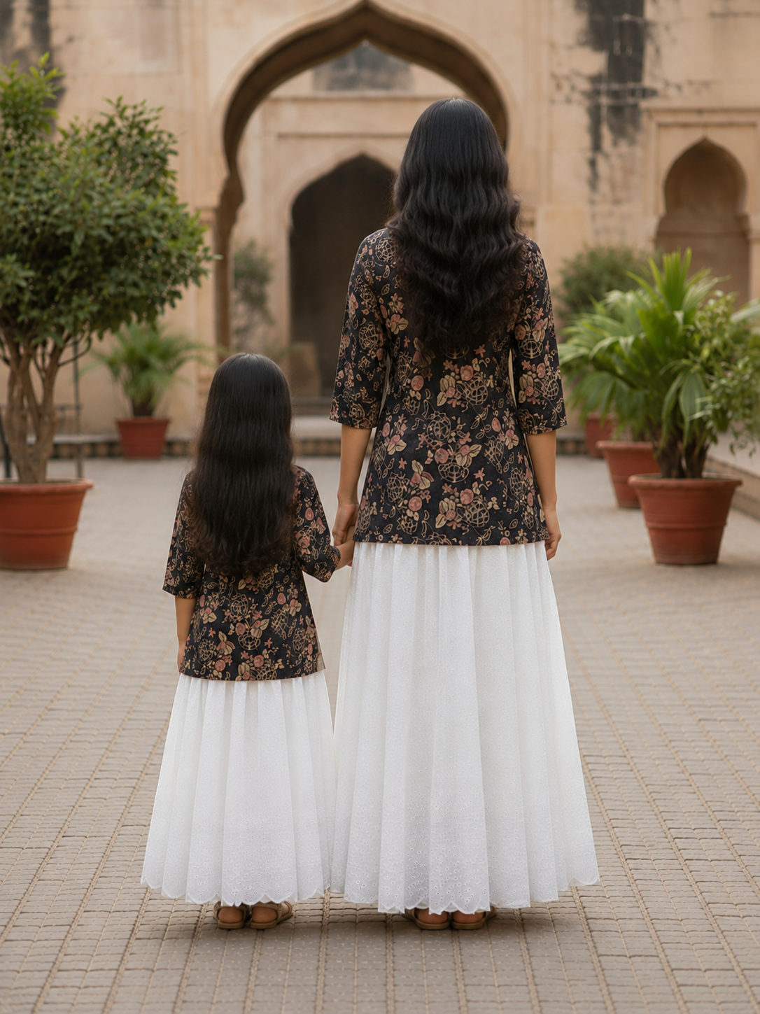 Mom & Daughter Black Floral Printed Kurta & White Skirt Matching Co-ord Set