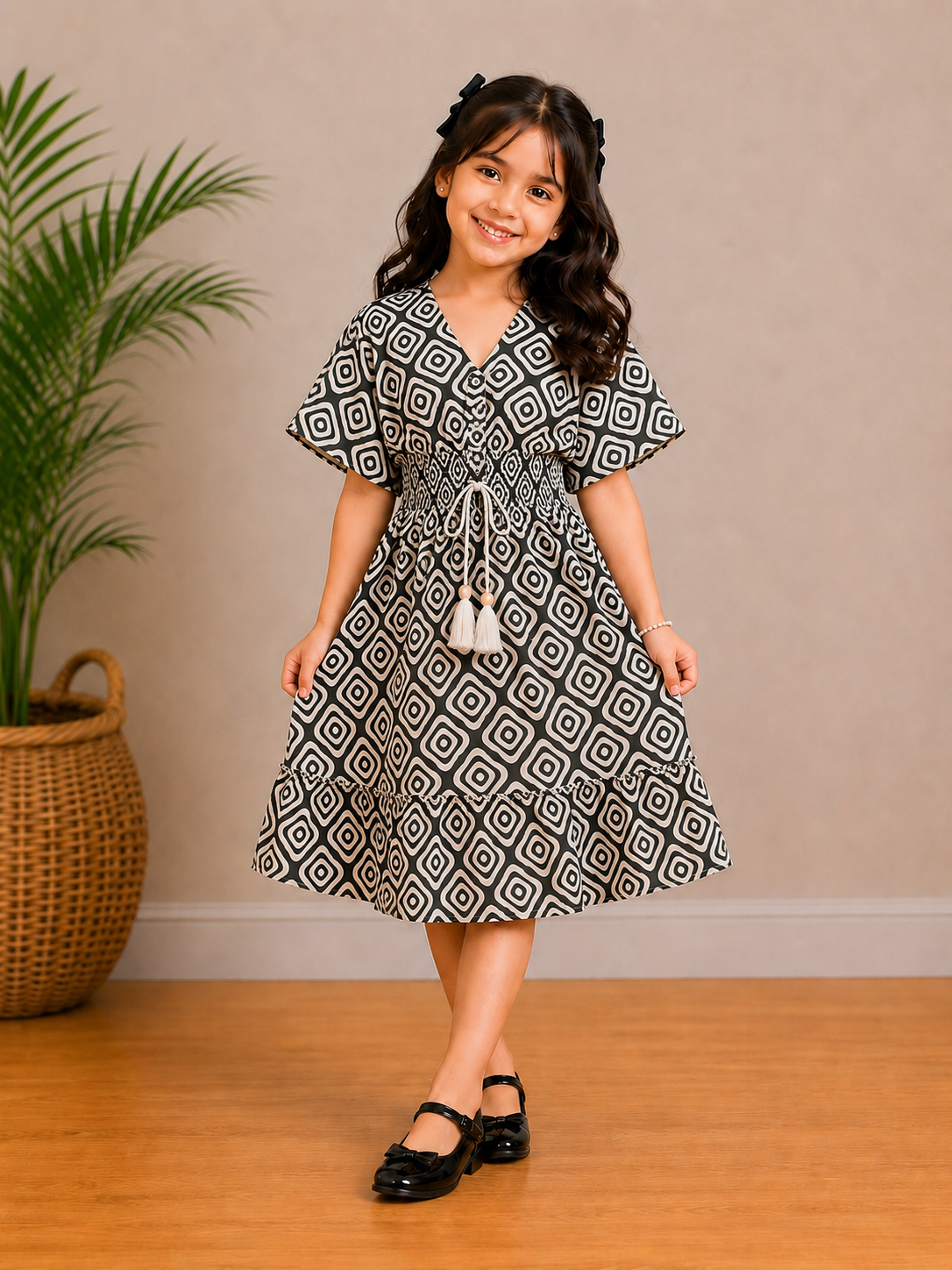 Baby Girls Monochrome Geo Printed Smocked Waist Flared Midi Dress