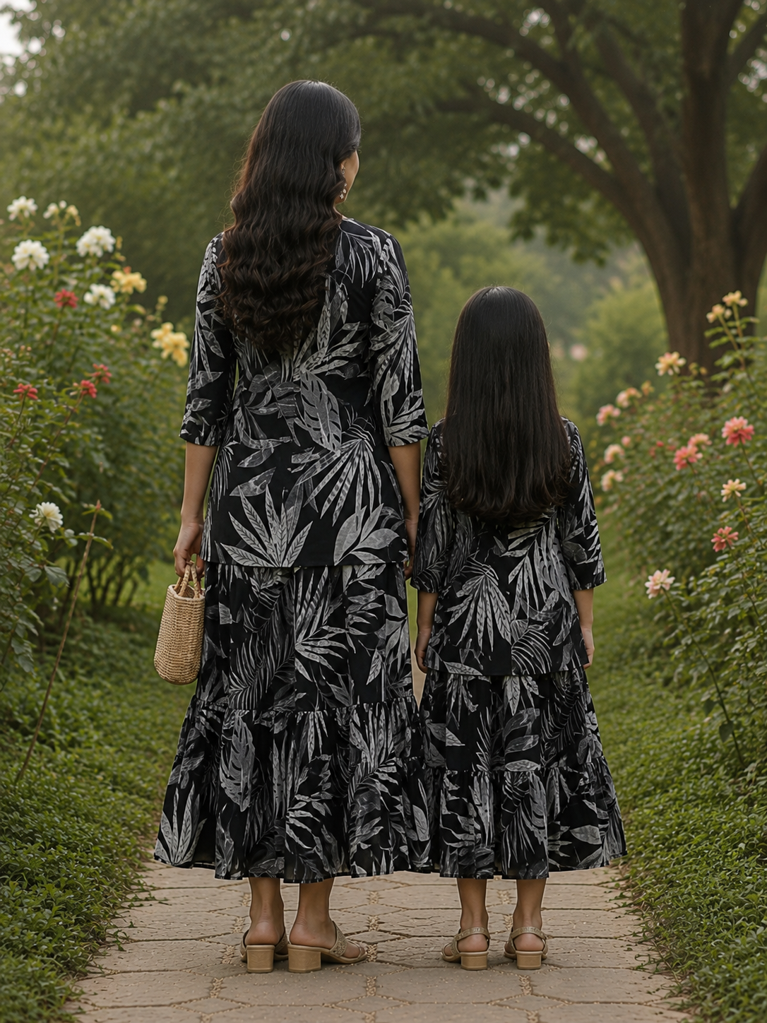 Mom & Daughter Black & White Tropical Leaf Printed Kurta & Tiered Skirt Matching Co-ord Set