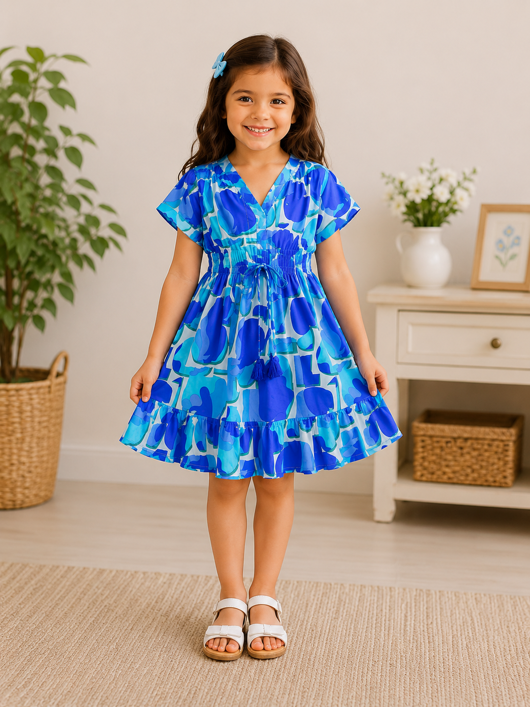 Baby Girls Sapphire Bloom Printed Smocked Waist Flared Midi Dress