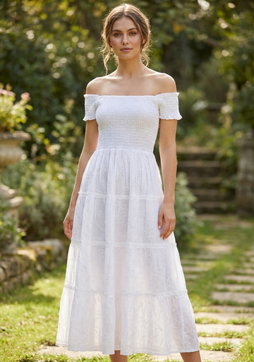 Women’s Cotton White Off-Shoulder Tiered Maxi Dress