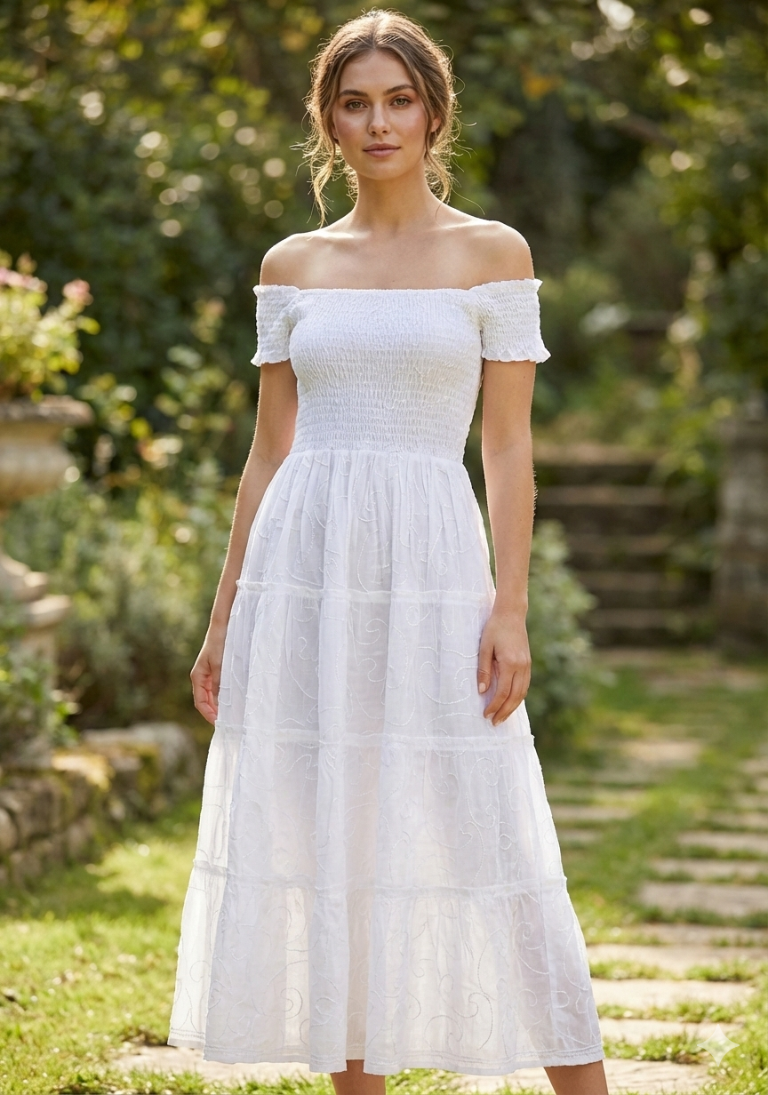 Women’s Cotton White Off-Shoulder Tiered Maxi Dress