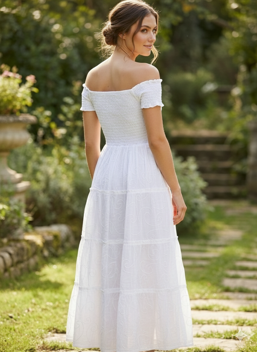 Women’s Cotton White Off-Shoulder Tiered Maxi Dress