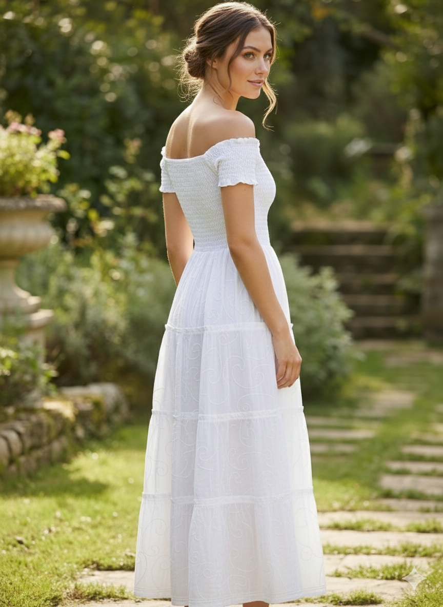 Women’s Cotton White Off-Shoulder Tiered Maxi Dress