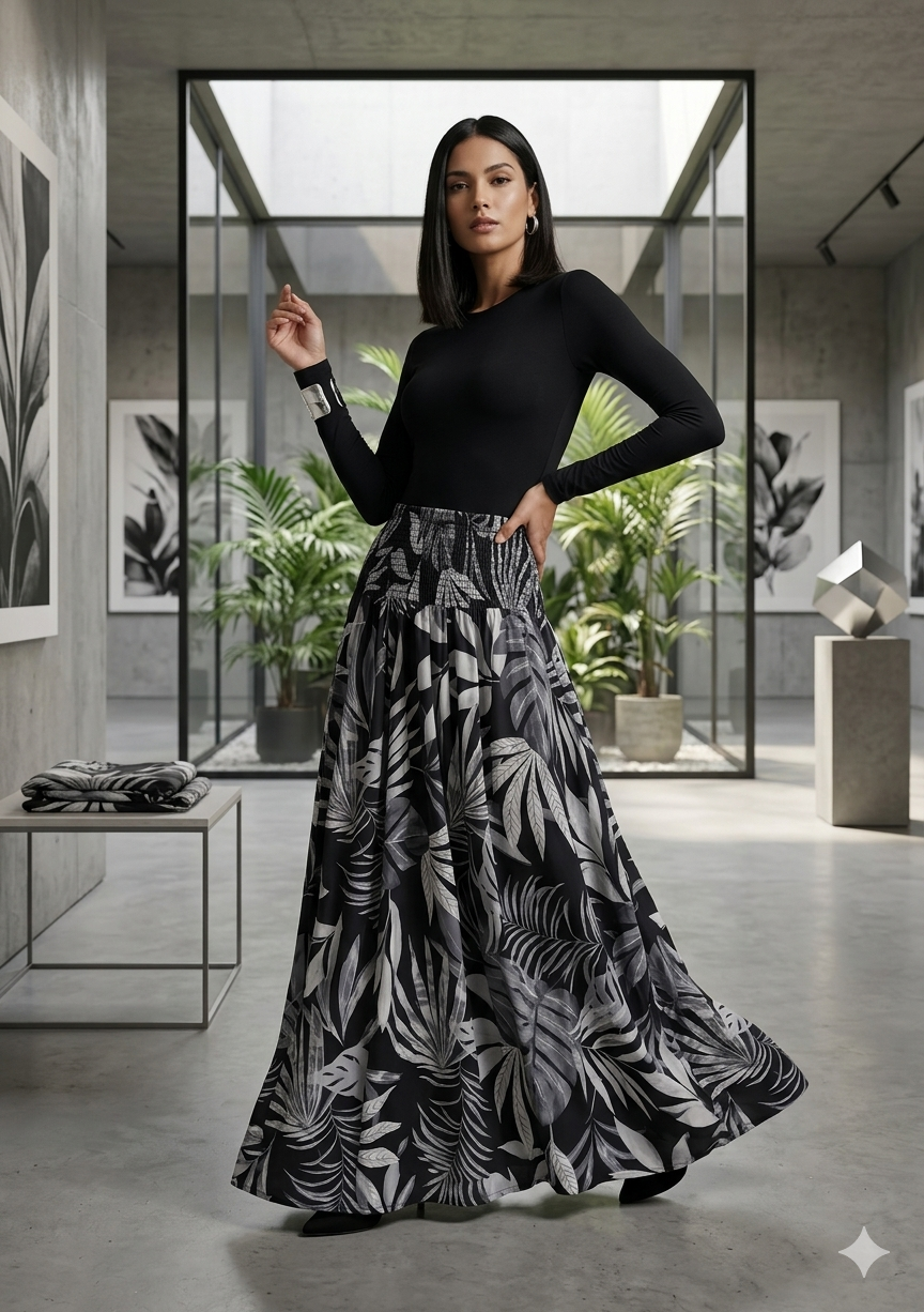 Women's Black Tropical Leaf Print Smocked Waist Flared Maxi Skirt