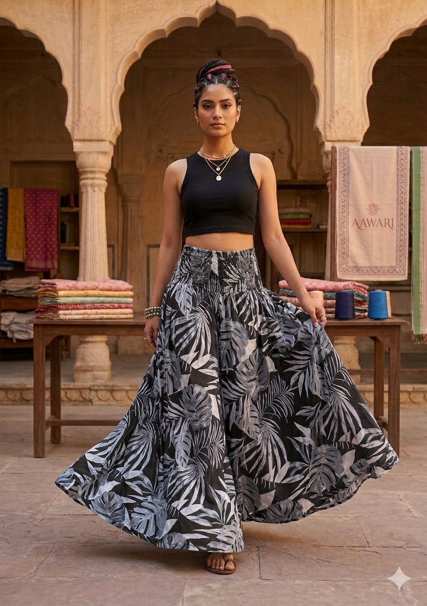 Women's Black Tropical Leaf Print Smocked Waist Flared Maxi Skirt
