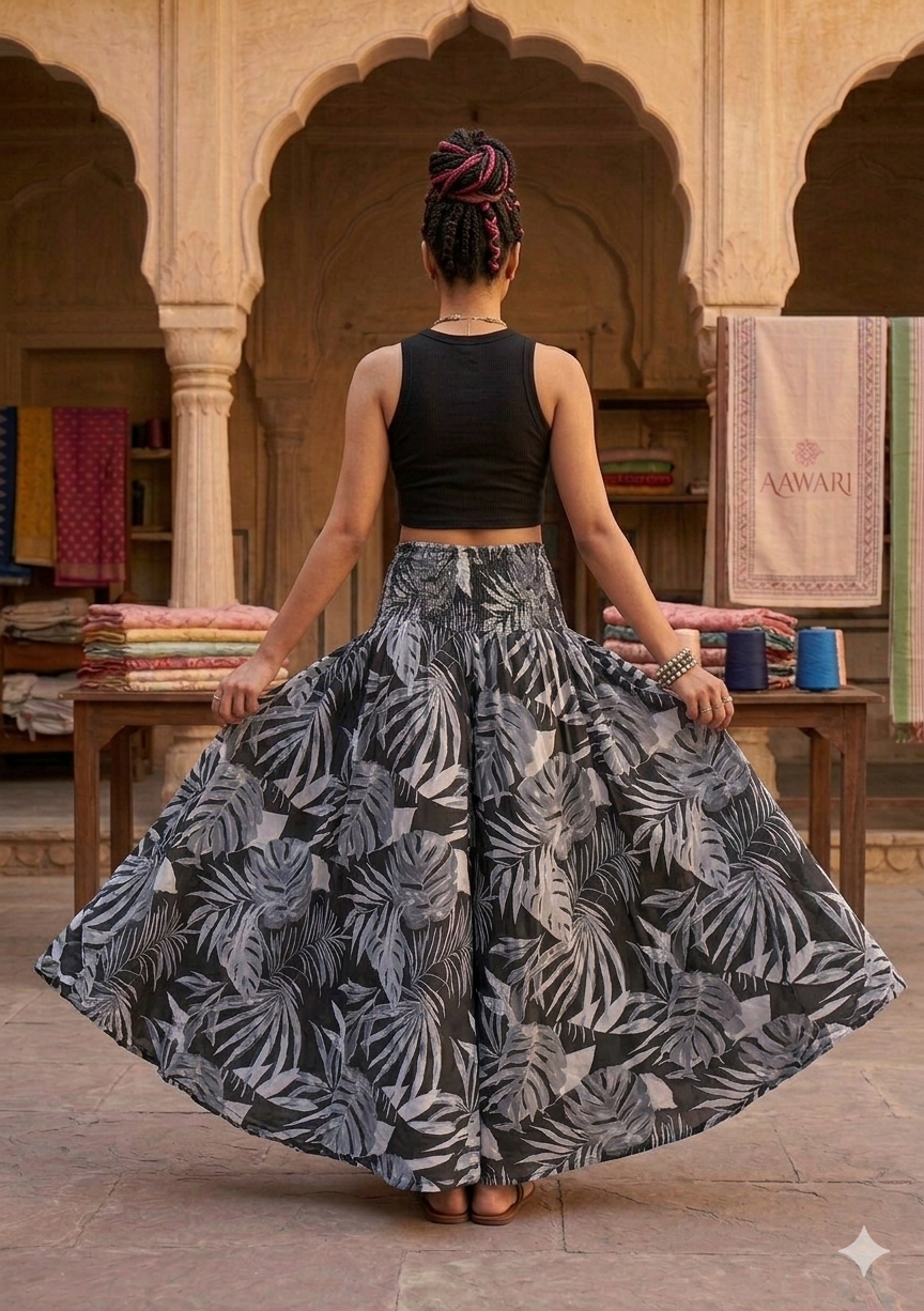 Women's Black Tropical Leaf Print Smocked Waist Flared Maxi Skirt