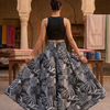 Women's Black Tropical Leaf Print Smocked Waist Flared Maxi Skirt