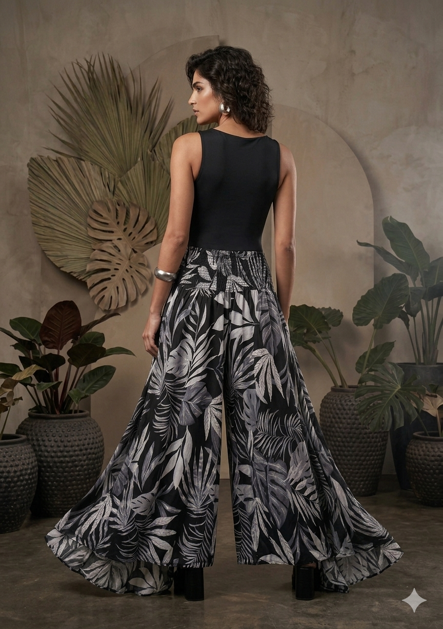 Women's Black Tropical Leaf Print Smocked Waist Flared Maxi Skirt