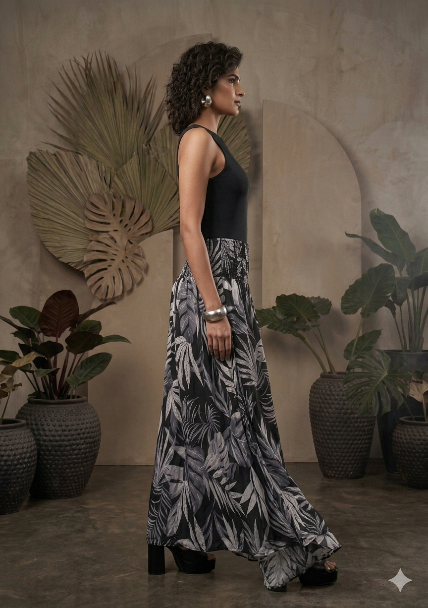 Women's Black Tropical Leaf Print Smocked Waist Flared Maxi Skirt