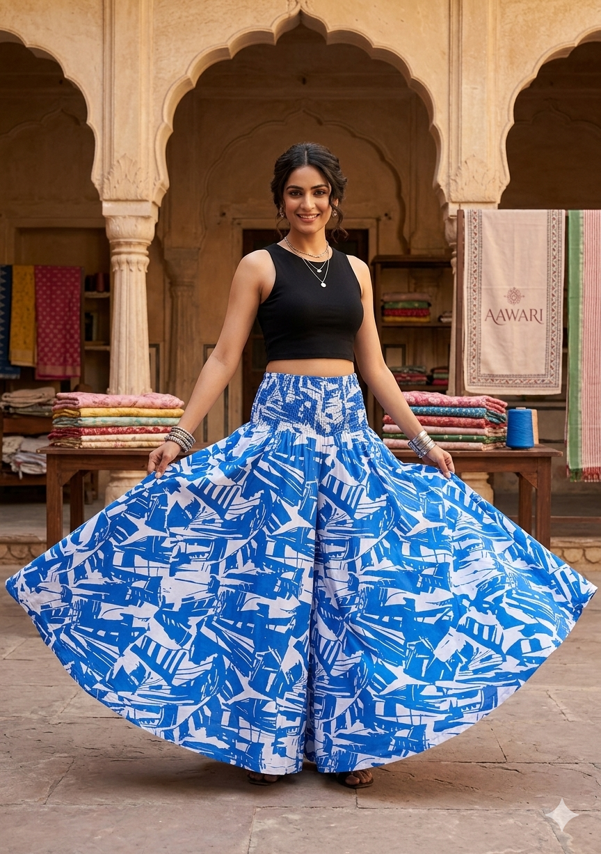 Women's Blue & White Abstract Print Flared Maxi Skirt