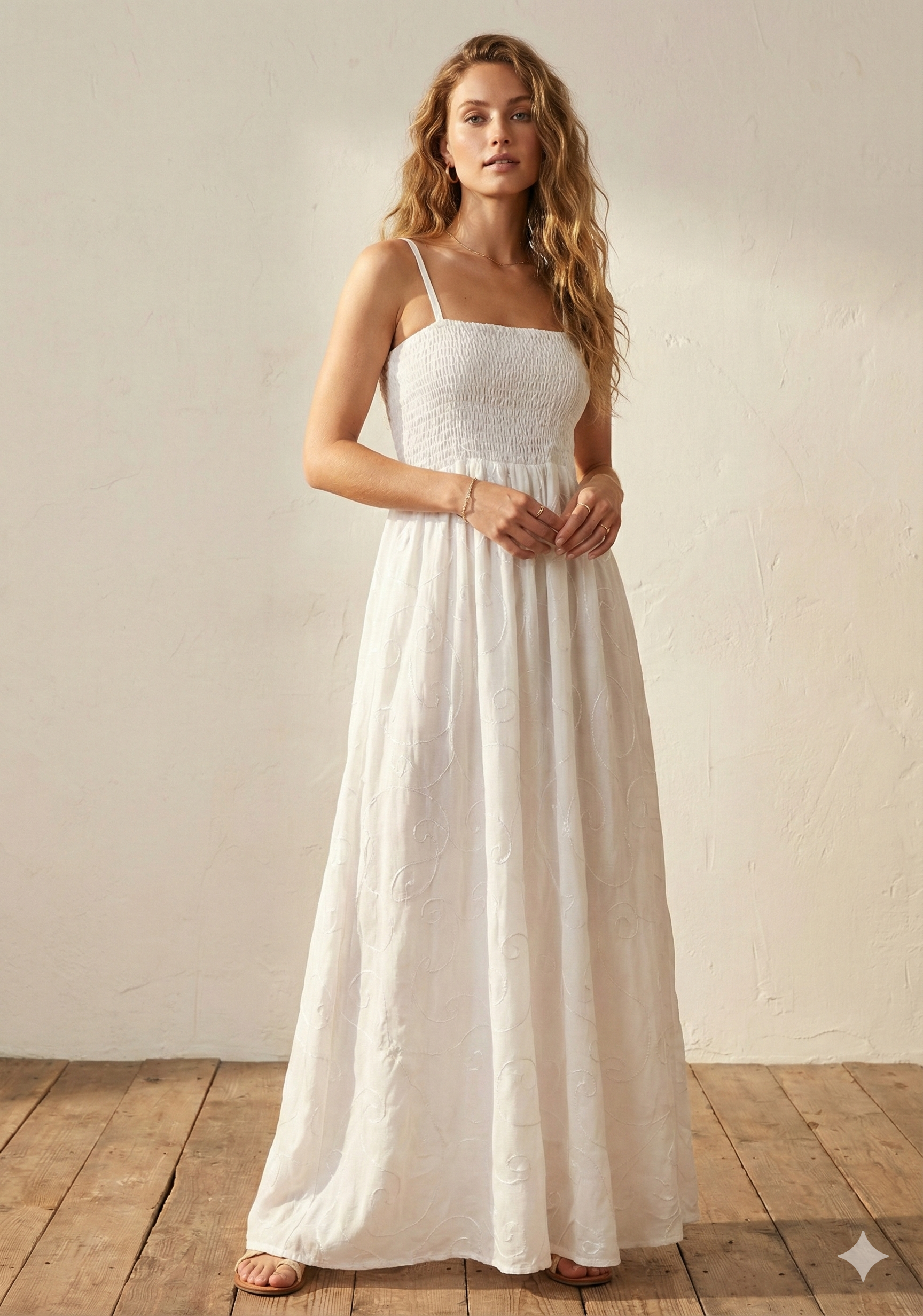 White Smocked Maxi Dress with Spaghetti Straps