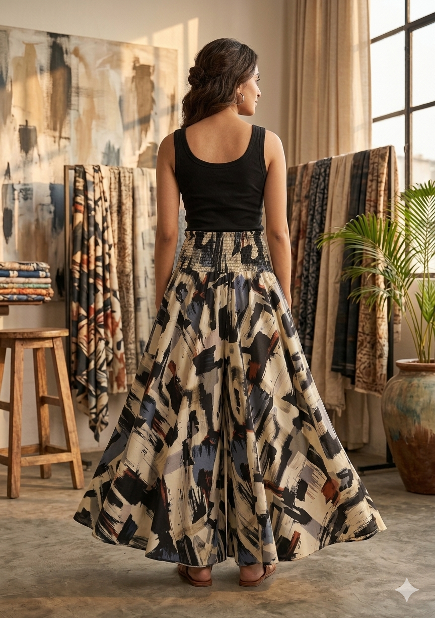 Women's Beige Abstract Print High-Waist Smocked Palazzo Pants