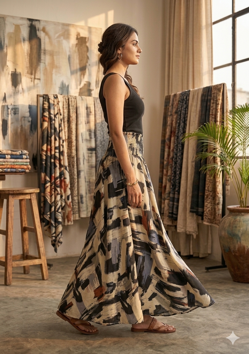 Women's Beige Abstract Print High-Waist Smocked Palazzo Pants