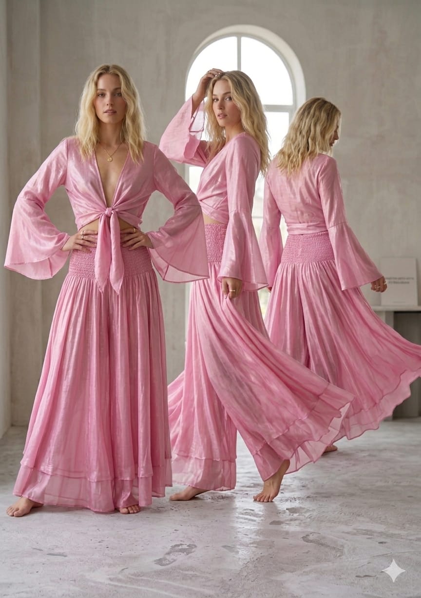 Women’s Baby Pink Chanderi Tie-Front Crop Top & Flared Palazzo Pant Co-ord Set