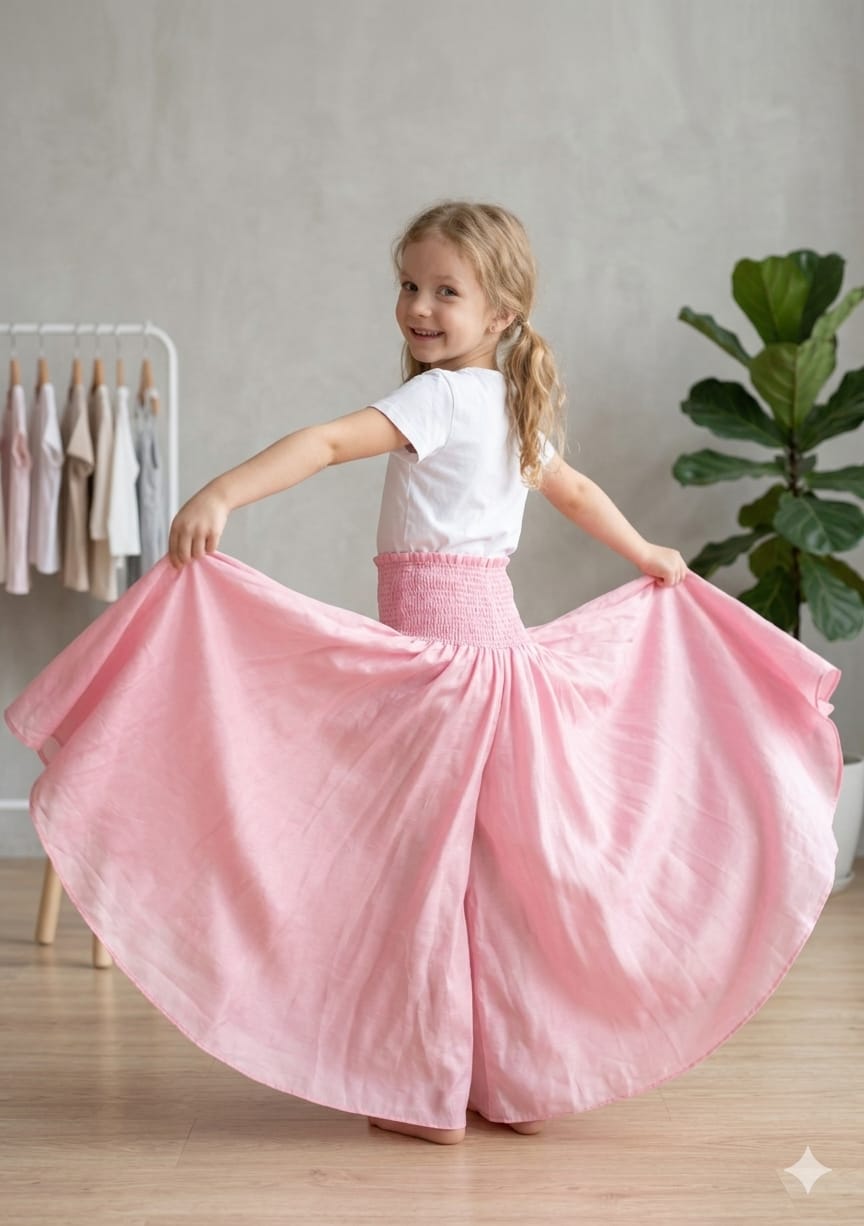 Baby Girl Baby Pink Chanderi Flared Palazzo Pants with Smocked Waist