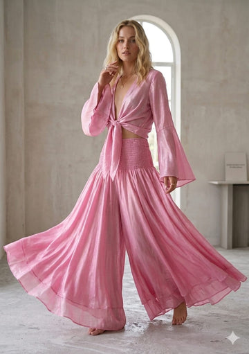 Women’s Baby Pink Chanderi Tie-Front Crop Top & Flared Palazzo Pant Co-ord Set