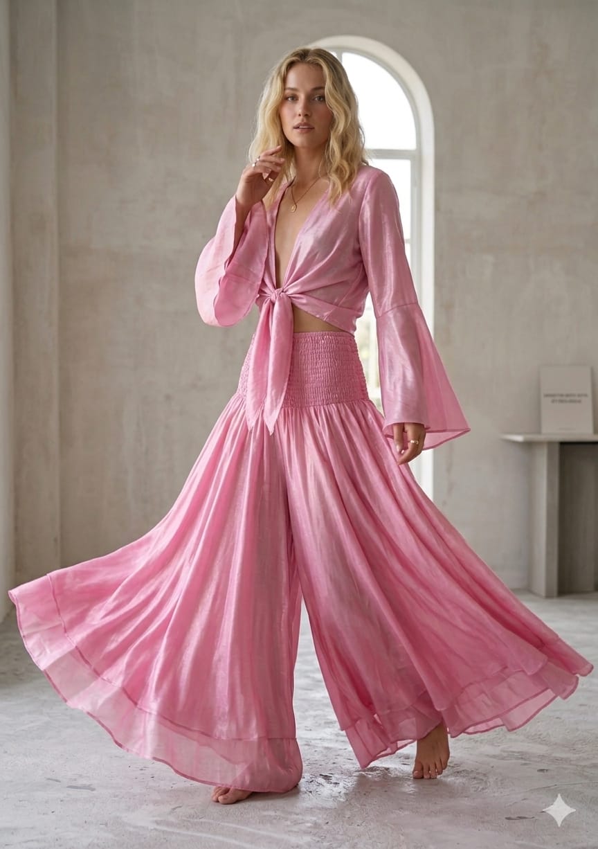 Women’s Baby Pink Chanderi Tie-Front Crop Top & Flared Palazzo Pant Co-ord Set