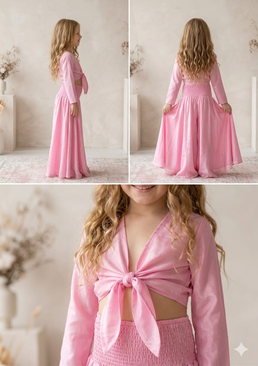Baby Girls Baby Pink Chanderi Tie-Front Crop Top & Flared Palazzo Pant Co-ord Set