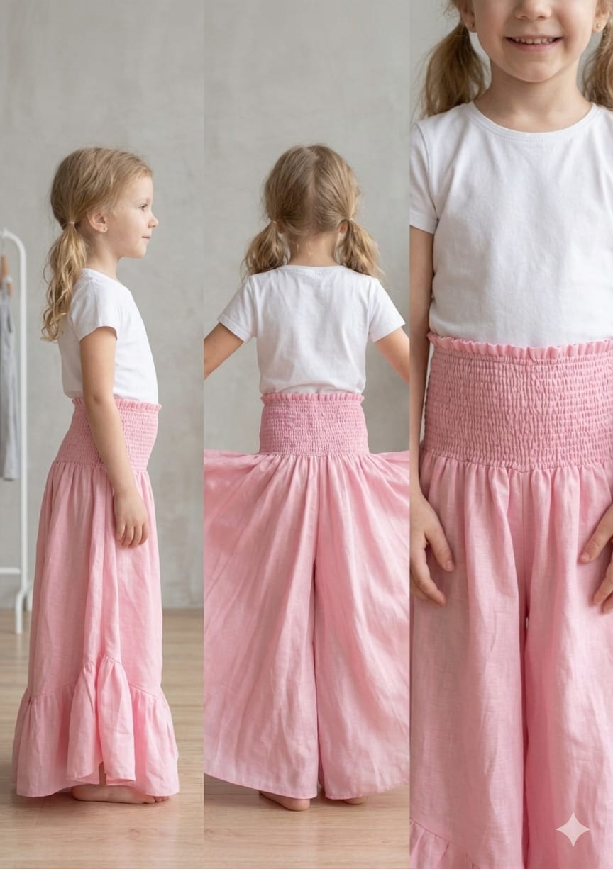 Baby Girl Baby Pink Chanderi Flared Palazzo Pants with Smocked Waist
