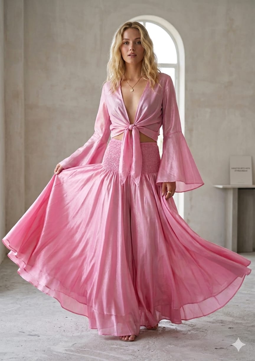 Women’s Baby Pink Chanderi Tie-Front Crop Top & Flared Palazzo Pant Co-ord Set