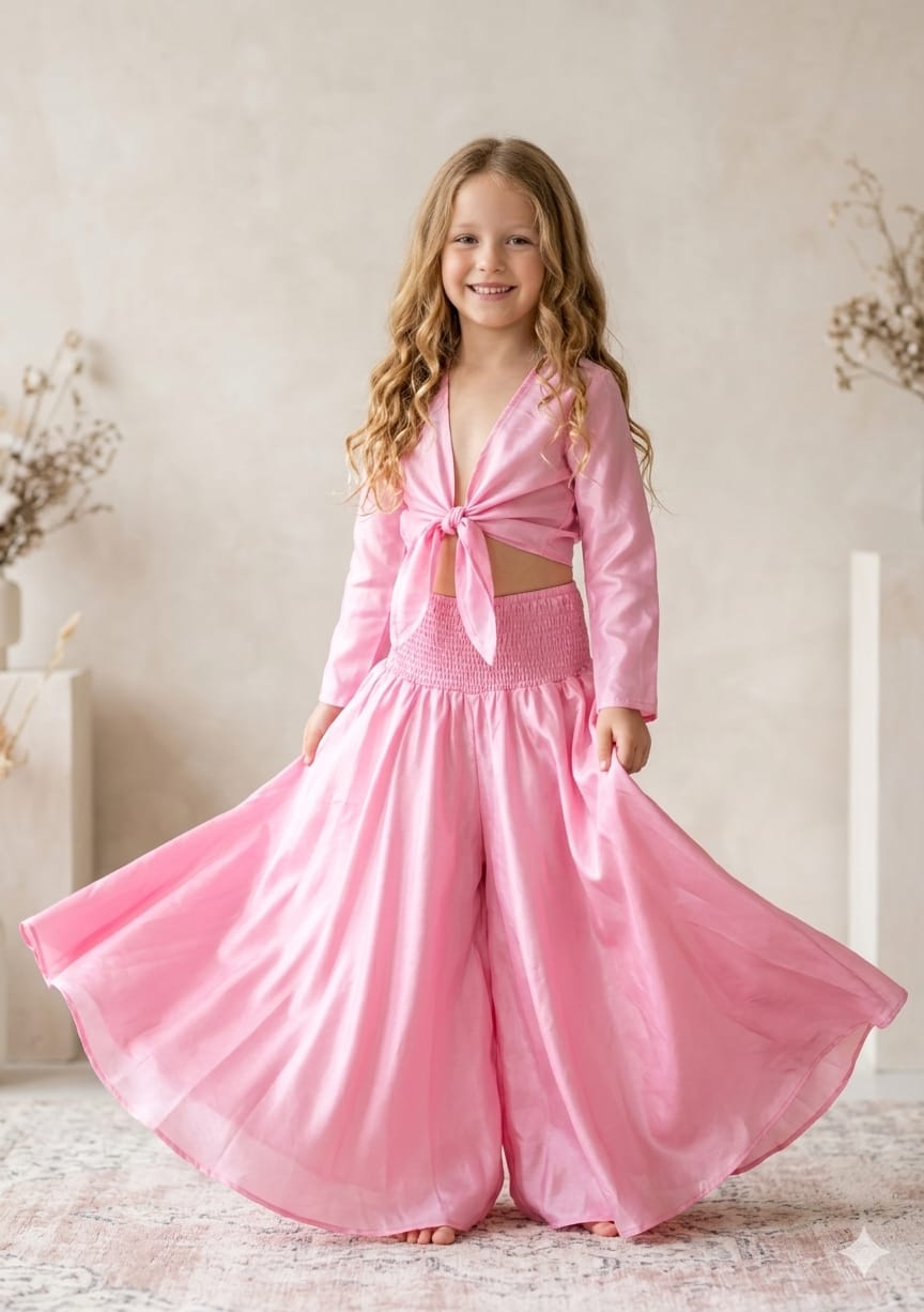 Baby Girls Baby Pink Chanderi Tie-Front Crop Top & Flared Palazzo Pant Co-ord Set