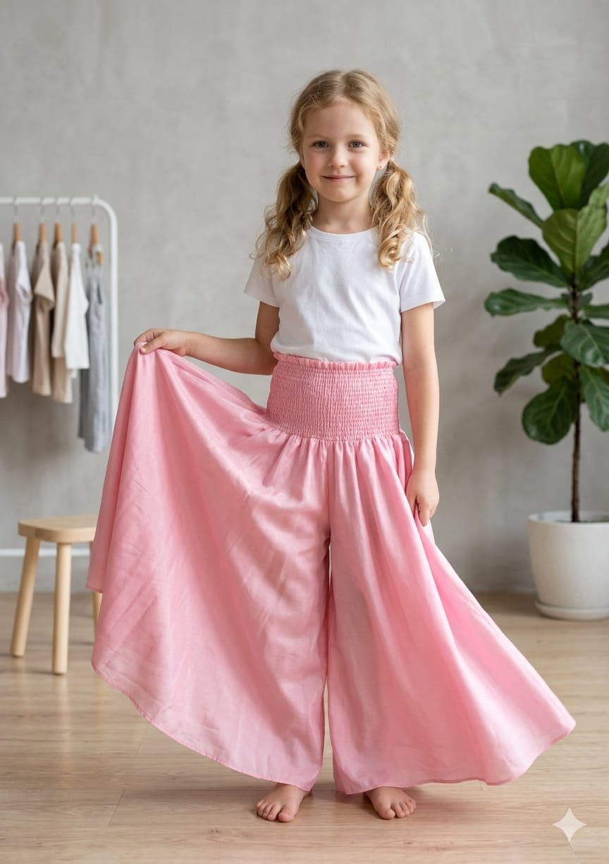 Baby Girl Baby Pink Chanderi Flared Palazzo Pants with Smocked Waist