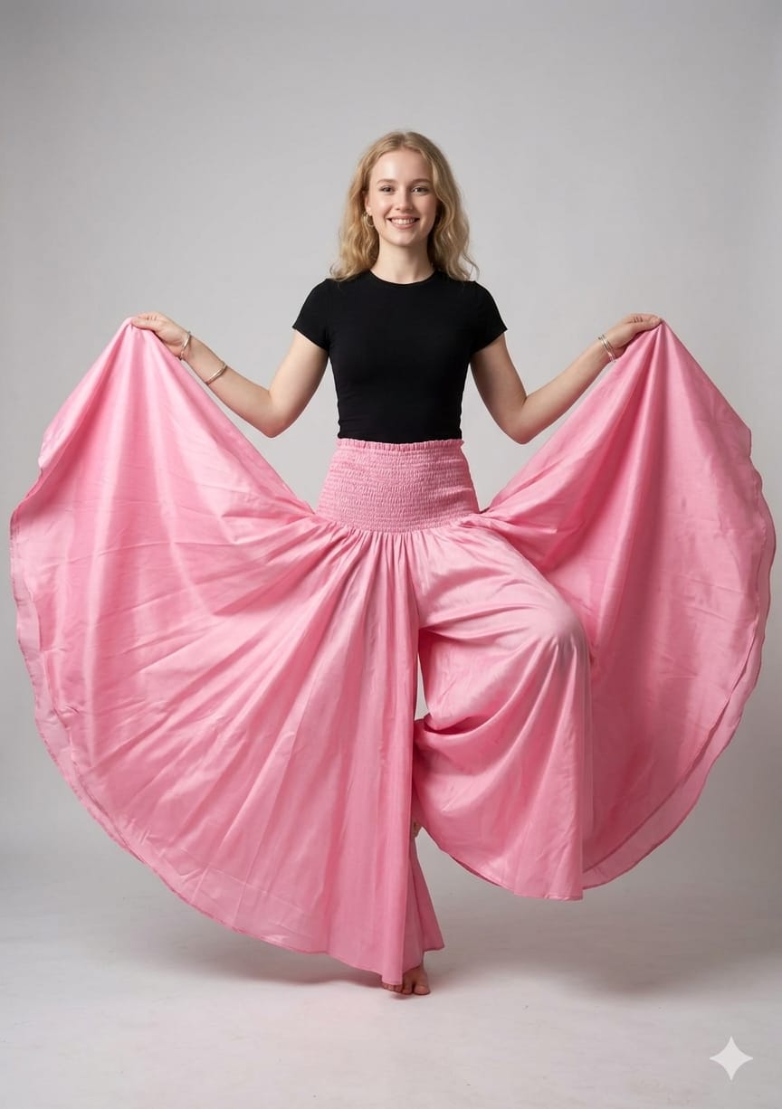 Elegant Baby Pink Chanderi Flared Palazzo Pants with Smocked Waist