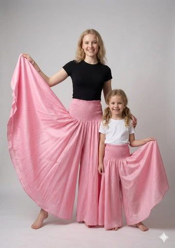 Mom & Daughter Baby Pink Chanderi Flared Palazzo Pants with Smocked Waist