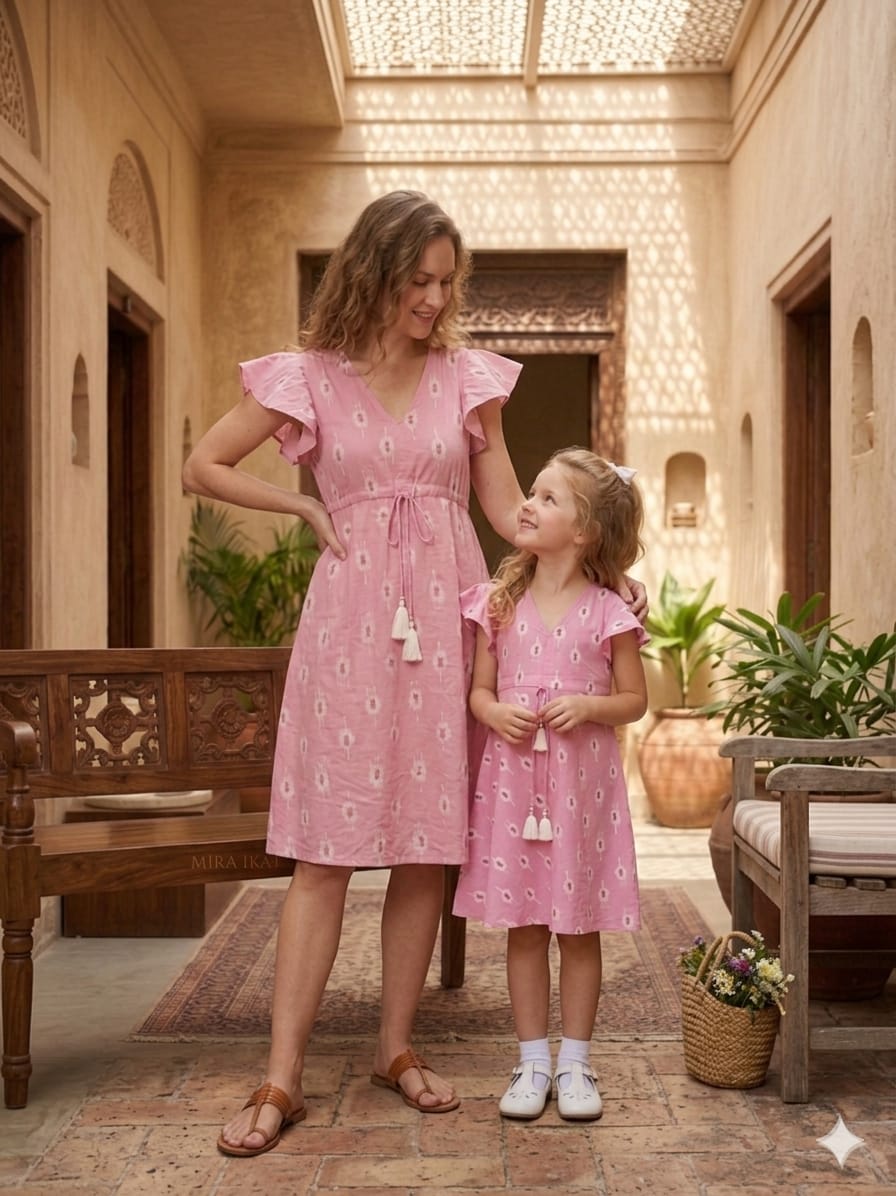 Mom & Me Pink Boota Printed Chanderi Umbrella Style A-Line Dress with Drawstring Waist
