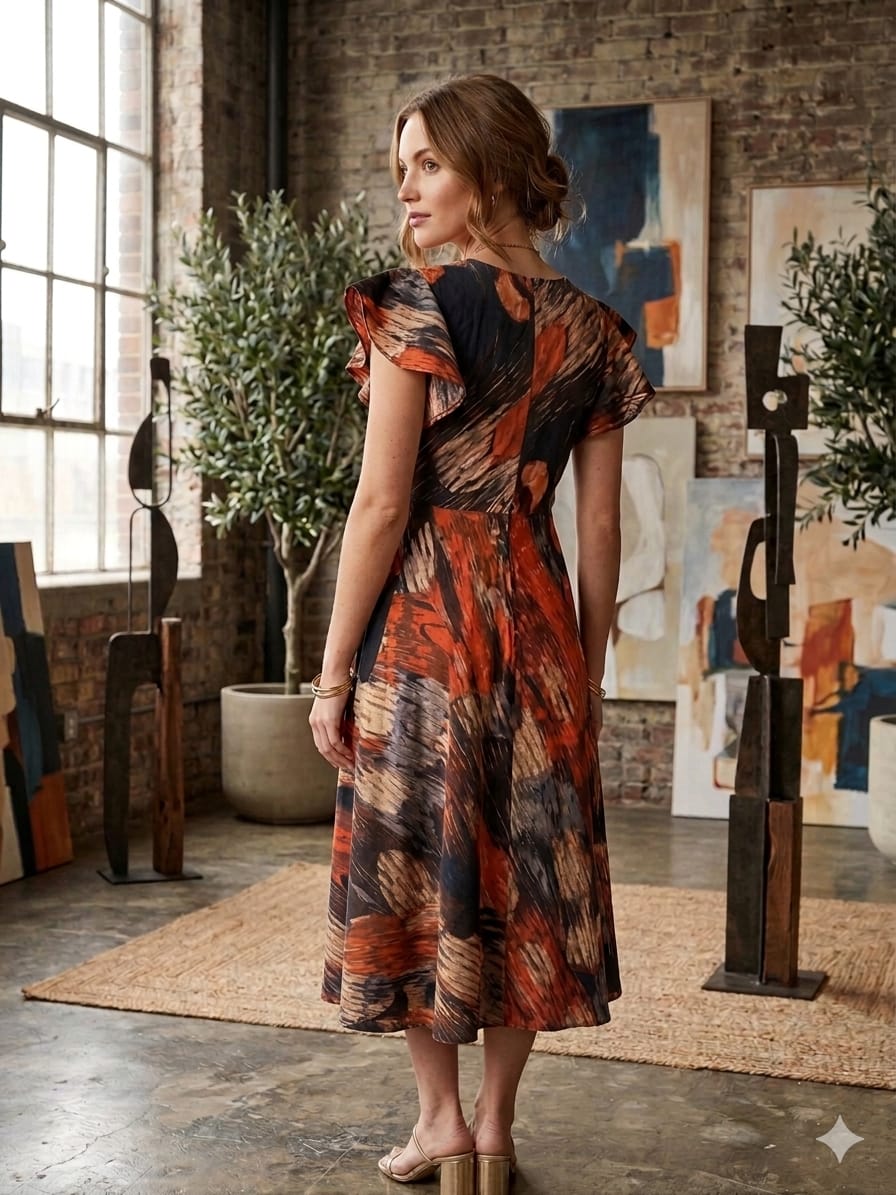 Women’s Multicolor Abstract Printed Cotton Umbrella Style A-Line Dress with Drawstring Waist