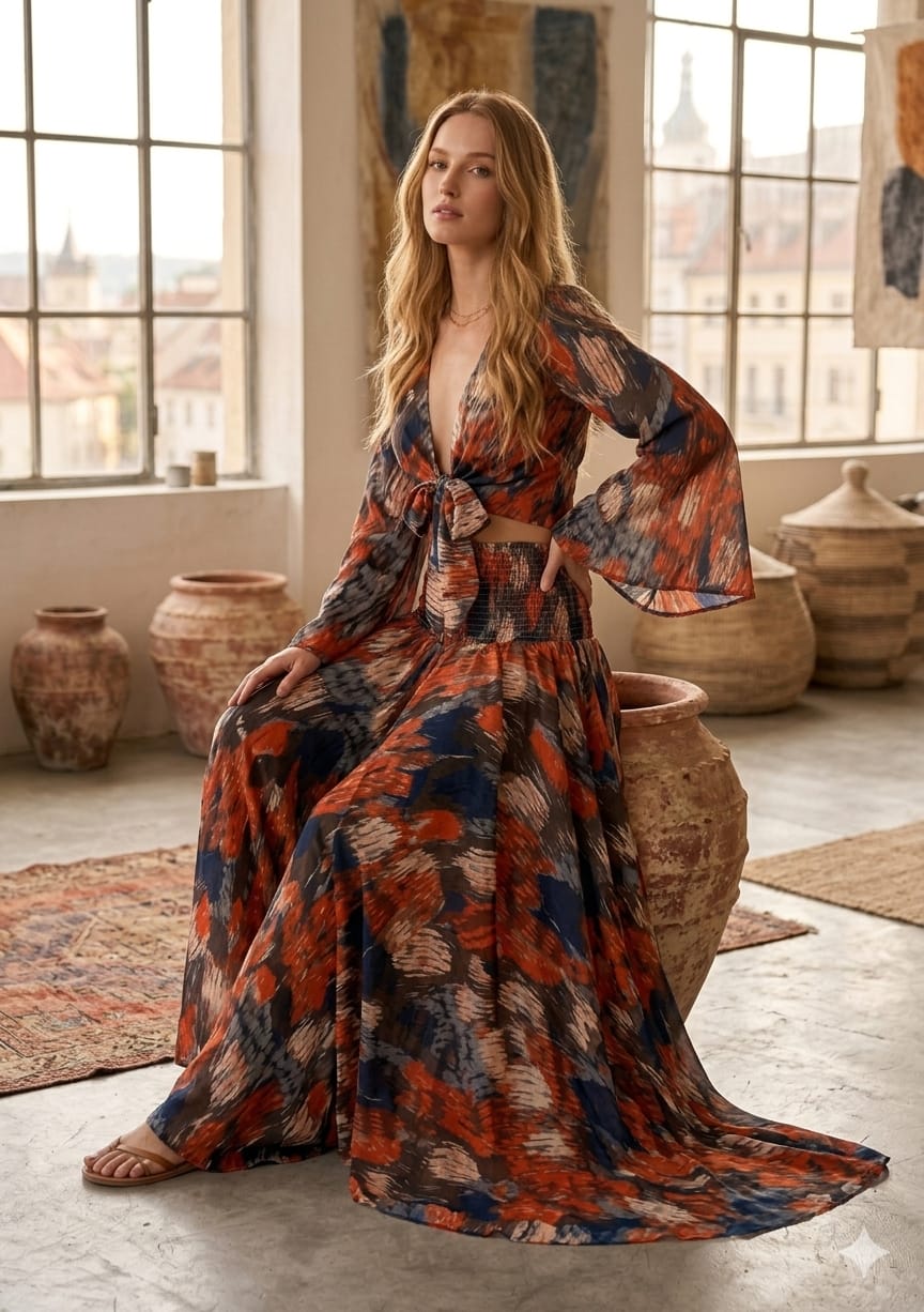 Women’s Abstract Printed Cotton Tie-Front Crop Top & Flared Palazzo Pant Co-ord Set