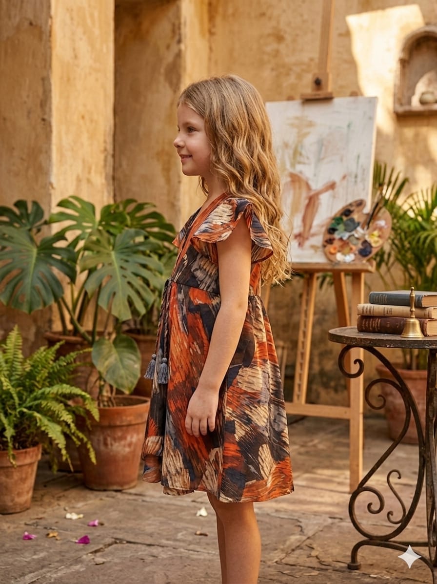 Baby Girls Multicolor Abstract Printed Cotton Umbrella Style A-Line Dress with Flutter Sleeves