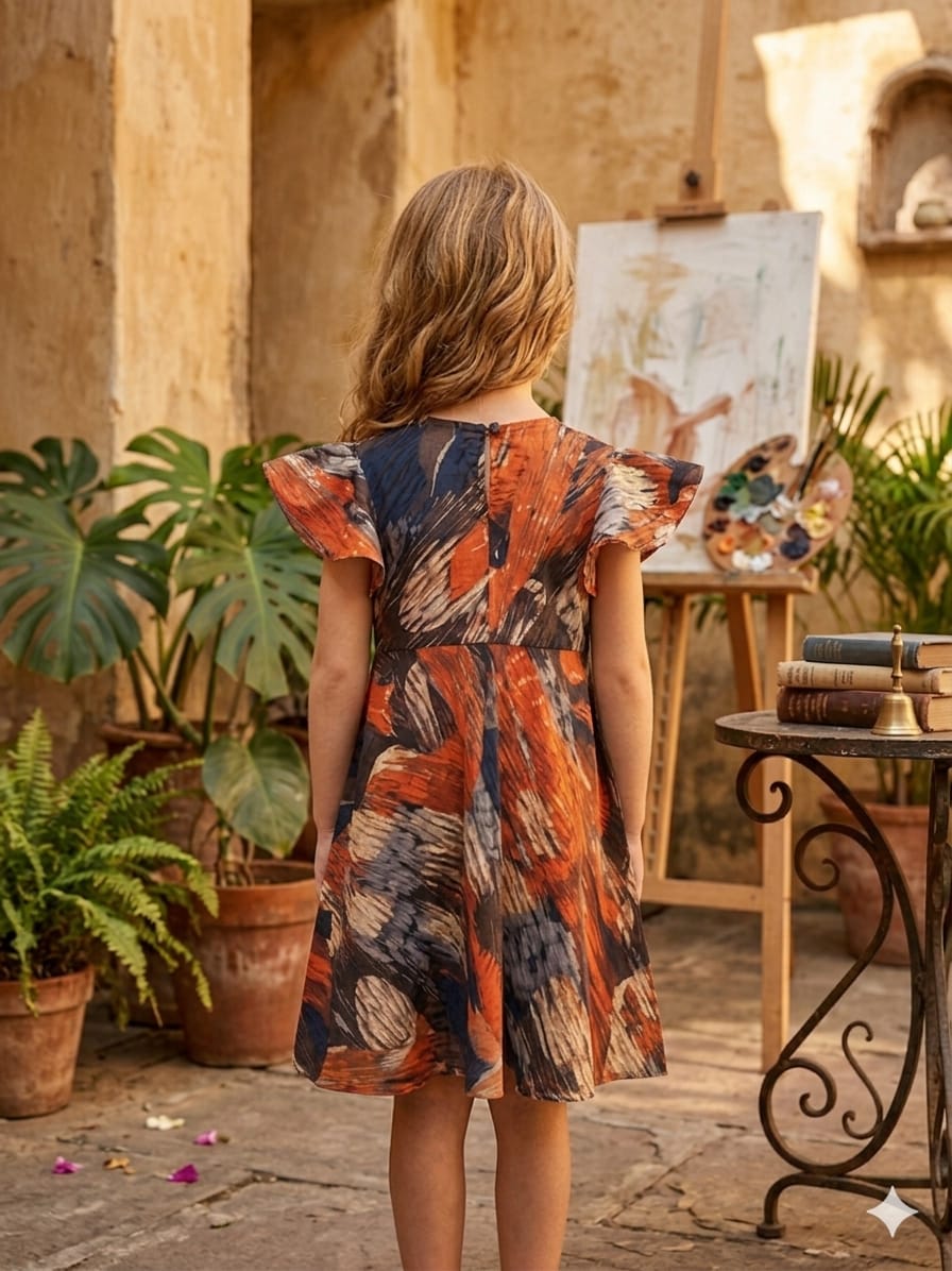 Baby Girls Multicolor Abstract Printed Cotton Umbrella Style A-Line Dress with Flutter Sleeves