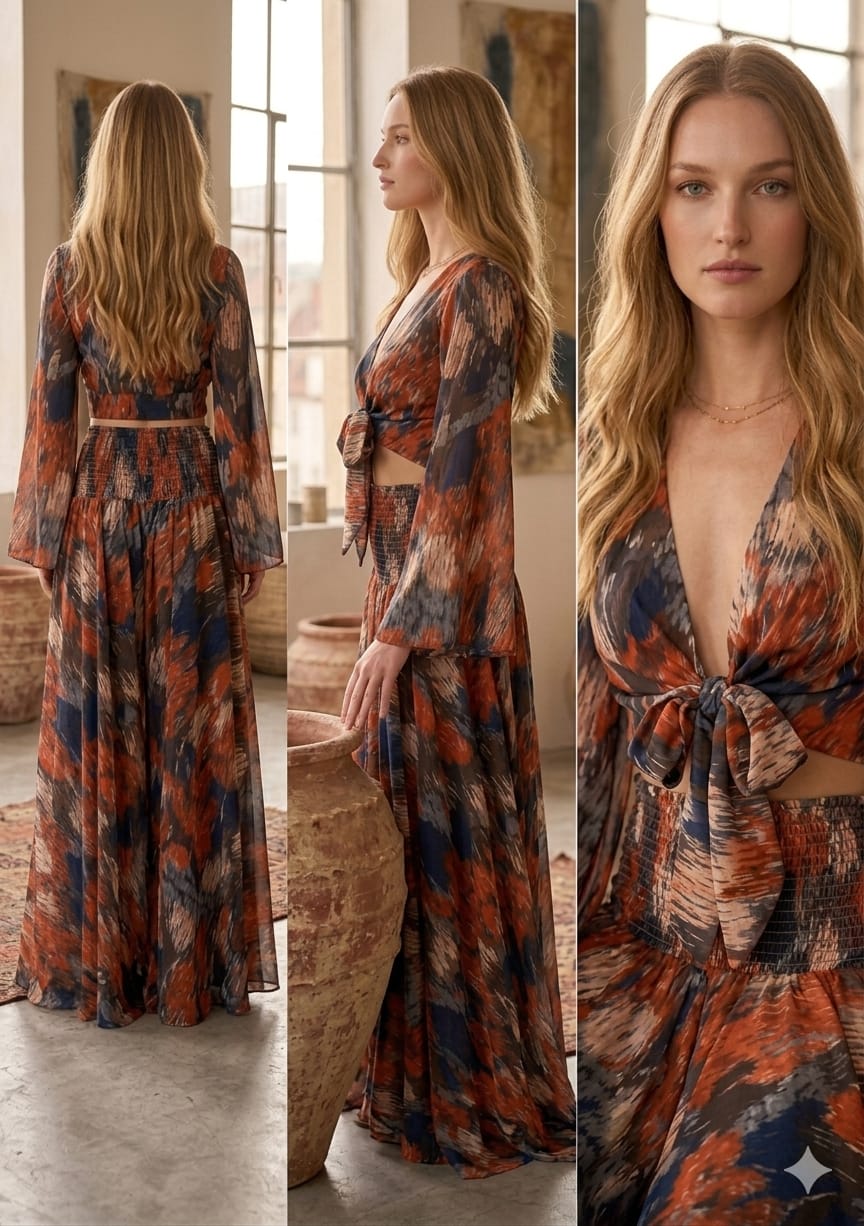 Women’s Abstract Printed Cotton Tie-Front Crop Top & Flared Palazzo Pant Co-ord Set