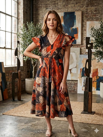 Women’s Multicolor Abstract Printed Cotton Umbrella Style A-Line Dress with Drawstring Waist